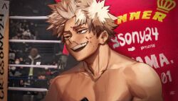 Rule 34 | 1boy, bakugou katsuki, blonde hair, blood, blood on face, boku no hero academia, boxing, boxing ring, collarbone, commentary, crown (symbol), english commentary, hair slicked back, highres, instagram username, looking ahead, male focus, muscular, muscular male, nosebleed, open mouth, people, photo-referenced, photo background, raised eyebrow, red eyes, sanpaku, short hair, sideburns, sign, smile, smug, solo focus, sony (gaysony), spiked hair, sweat, teeth, twitter username, upper body, upper teeth only