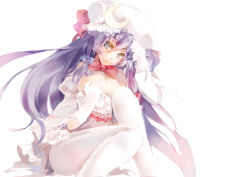 Rule 34 | 1girl, bare shoulders, blue bow, blue eyes, bow, breasts, cleavage, covering privates, covering breasts, crescent, crescent hair ornament, elbow gloves, frilled sleeves, frills, gloves, hair ornament, hat, head tilt, long hair, looking at viewer, maruko, mob cap, patchouli knowledge, purple hair, red bow, simple background, sitting, solo, touhou, very long hair, white background