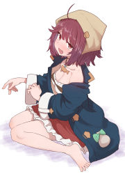Rule 34 | 1girl, :d, ahoge, atelier (series), atelier sophie, bare shoulders, barefoot, blue coat, blush, breasts, brown eyes, cleavage, coat, fang, head scarf, highres, jewelry, long sleeves, looking at viewer, medium breasts, medium hair, necklace, open clothes, open coat, open mouth, red hair, red skirt, simple background, sitting, skirt, smile, solo, sophie neuenmuller, sumiyao (amam), sweat, wariza, white background, wide sleeves