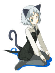 Rule 34 | 00s, 1girl, animal ears, aqua eyes, black pantyhose, cat ears, cat tail, green eyes, grey hair, hamao, hands on own knees, light smile, looking at viewer, necktie, pantyhose, sanya v. litvyak, simple background, sitting, solo, strike witches, tail, wariza, world witches series