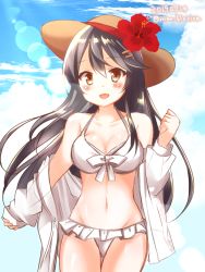 Rule 34 | 1girl, :d, alternate costume, bare shoulders, bikini, commentary request, cowboy shot, dated, flower, grey hair, hair between eyes, hair ornament, hairclip, haruna (kancolle), hat, hat flower, hibiscus, kantai collection, long hair, looking at viewer, navel, one-hour drawing challenge, open mouth, sakura romu, smile, solo, straw hat, swimsuit, twitter username, white bikini