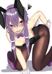 Rule 34 | 1girl, animal ears, bare arms, bare shoulders, black leotard, blush, bow, bowtie, breasts, brown pantyhose, detached collar, fake animal ears, hairband, highres, kneeling, leotard, onineko-chan, open mouth, pantyhose, playboy bunny, purple bow, purple bowtie, purple eyes, purple footwear, purple hair, rabbit ears, rabbit girl, shoes, short hair with long locks, sidelocks, simple background, small breasts, solo, squiggle, sweat, vocaloid, white background, yuzuki yukari