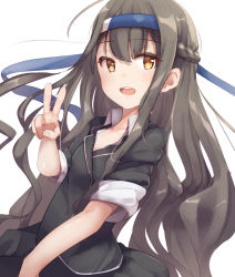 Rule 34 | 1girl, black hair, black jacket, black skirt, blazer, blue headband, hatsushimo (kancolle), hatsushimo kai ni (kancolle), headband, highres, jacket, kantai collection, long hair, looking at viewer, low-tied long hair, open mouth, oren (770len), pleated skirt, red eyes, school uniform, skirt, sleeves rolled up, smile, solo, v