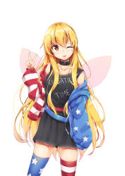 Rule 34 | 1girl, ;p, absurdres, adapted costume, akiteru (akiteru98), american flag jacket, american flag legwear, american flag print, asymmetrical legwear, bare shoulders, belt, black choker, black dress, blonde hair, blue belt, blue jacket, blue thighhighs, blush, breasts, choker, clothes writing, clownpiece, collarbone, commentary request, cosplay, cowboy shot, dress, fairy wings, hair between eyes, hand up, hecatia lapislazuli, hecatia lapislazuli (cosplay), highres, hood, hooded jacket, jacket, long hair, long sleeves, looking at viewer, mismatched legwear, no headwear, off shoulder, one eye closed, open clothes, open jacket, pleated dress, print jacket, red belt, red eyes, red jacket, red thighhighs, short dress, sidelocks, simple background, sleeveless, sleeveless dress, small breasts, solo, standing, star (symbol), star print, striped clothes, striped jacket, striped thighhighs, thighhighs, thighs, tongue, tongue out, touhou, v, very long hair, white background, white jacket, white thighhighs, wings, zettai ryouiki