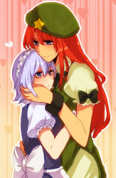 Rule 34 | 2girls, beret, blue eyes, braid, female focus, hand on another&#039;s cheek, hand on another&#039;s face, hat, heart, height difference, hong meiling, hug, izayoi sakuya, lgw7, light purple hair, long hair, maid, maid headdress, multiple girls, red hair, short hair, short sleeves, embodiment of scarlet devil, touhou, yuri