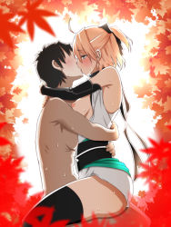 Rule 34 | 1boy, 1girl, ahoge, autumn leaves, bare shoulders, black hair, black legwear, black ribbon, blonde hair, blurry, blush, breasts, breasts out, brown eyes, clothed female nude male, depth of field, detached sleeves, faceless, faceless male, fate (series), french kiss, from side, girl on top, hair ribbon, half-closed eyes, hetero, hort kimono, hug, implied sex, japanese clothes, kimono, kiss, koha-ace, long sleeves, medium breasts, nipples, nude, okita souji (fate), okita souji (koha-ace), open clothes, open kimono, p9 (susisasimi), ponytail, ribbon, sash, short hair, simple background, sitting, sitting on person, sleeveless, sleeveless kimono, straddling, sweat, thighhighs, upright straddle, white background, white kimono