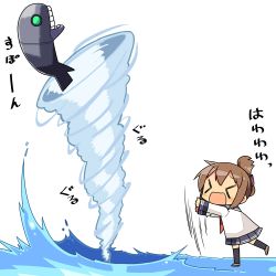 Rule 34 | &gt; &lt;, 10s, 1girl, abyssal ship, brown hair, closed eyes, folded ponytail, green eyes, i-class destroyer, inazuma (kancolle), kanikama, kantai collection, lowres, monster, open mouth, pleated skirt, school uniform, serafuku, skirt, standing, standing on liquid, tornado, wavy mouth