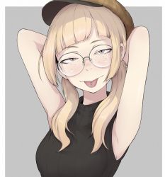 Rule 34 | 1girl, act-age, arms up, belt, black belt, blonde hair, breasts, brown hat, closed mouth, eyebrows, freckles, glasses, grey eyes, hat, ina (gokihoihoi), long hair, looking at viewer, medium breasts, piercing, plaid, plaid headwear, round eyewear, sanzaka nanao, sleeveless, smile, solo, tongue, tongue out, tongue piercing, twintails, upper body