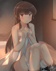 Rule 34 | 1girl, absurdres, bed, black hair, black pantyhose, blanket, blunt bangs, blush, breasts, brown eyes, brown hair, clothes pull, cum, cum on clothes, frown, glaring, highres, hime cut, juujou hiyori, knees together feet apart, long hair, looking at viewer, nipples, on bed, pantyhose, pantyhose pull, pout, shippou (pattern), sitting, small breasts, solo, toji no miko, topless, yuzf