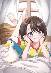Rule 34 | 1girl, 1other, barefoot, bed sheet, blue eyes, blush, breasts, brown hair, closed mouth, collarbone, crossed legs, curtains, feet, feet up, full body, hashira 14, highres, hololive, indoors, lying, medium hair, on stomach, oozora subaru, oozora subaru (1st costume), shirt, short sleeves, shorts, smile, soles, striped clothes, striped shirt, subaru duck, swept bangs, t-shirt, the pose, toes, vertical-striped clothes, vertical-striped shirt, virtual youtuber, white shirt, window, yellow shirt, yellow shorts