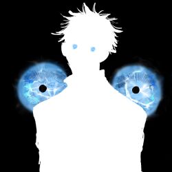 Rule 34 | 1boy, absurdres, black background, blue eyes, faceless, faceless male, glowing, glowing eyes, gojou satoru, highres, horror (theme), jujutsu kaisen, looking at viewer, male focus, no mouth, no nose, silhouette, simple background, solo, spiked hair, suru (ekxbe9), upper body, zoom layer