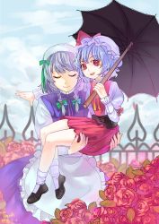 Rule 34 | 2girls, alternate costume, apron, blue hair, braid, carrying, corset, day, dress, closed eyes, fence, flower, garden, hair ribbon, hat, hat ribbon, highres, izayoi sakuya, juliet sleeves, long sleeves, looking at viewer, maid headdress, mob cap, multiple girls, open mouth, outdoors, outstretched arm, parasol, princess carry, puffy sleeves, red eyes, red flower, red rose, remilia scarlet, ribbon, rose, short hair, silver hair, smile, tansuan zhanshi, touhou, tress ribbon, twin braids, umbrella, waist apron
