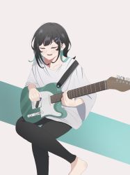 Rule 34 | 1girl, bad id, bad pixiv id, barefoot, black hair, black pants, crossed legs, electric guitar, fender telecaster, guitar, hair ornament, hairclip, highres, instrument, long hair, long sleeves, music, open mouth, original, pants, playing instrument, shirt, smile, solo, white shirt, wide sleeves, yasou0049