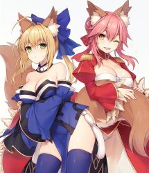 Rule 34 | &gt;:&lt;, &gt;;d, 10s, 2girls, :&lt;, ;d, ahoge, alternate hairstyle, animal ear fluff, animal ears, bare shoulders, blonde hair, blue bow, blue kimono, blue thighhighs, blush, bow, breast hold, breasts, cleavage, cleavage cutout, closed mouth, clothing cutout, collar, collarbone, contrapposto, cosplay, costume switch, detached collar, detached sleeves, dress, fake animal ears, fang, fate/extra, fate (series), fox ears, fox tail, green eyes, hair bow, hair bun, hair intakes, hairstyle switch, holding tail, japanese clothes, juliet sleeves, kimono, large bow, leaning to the side, loincloth, long sleeves, looking at viewer, multiple girls, muryotaro, nero claudius (fate), nero claudius (fate) (all), nero claudius (fate/extra), nero claudius (fate/extra) (cosplay), one eye closed, open mouth, panties, pantyshot, pink hair, ponytail, puffy sleeves, red dress, sash, see-through, short hair, short kimono, sidelocks, simple background, single hair bun, sleeves past wrists, smile, standing, sweat, tail, tamamo (fate), tamamo cat (fate), tamamo no mae (fate/extra), tamamo no mae (fate/extra) (cosplay), thighhighs, thighs, twintails, underwear, v-shaped eyebrows, white panties, wide sleeves, yellow eyes