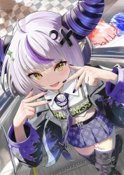 Rule 34 | 1girl, absurdres, fangs, grey hair, highres, hololive, horns, hxk4 n, la+ darknesss, looking at viewer, multicolored hair, nail polish, open mouth, smile, solo, streaked hair, virtual youtuber, yellow eyes