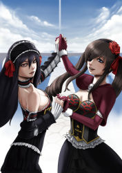 Rule 34 | 00s, 2girls, april (coyote ragtime show), armor, black hair, blue eyes, bow, breasts, brown hair, cape, choker, cleavage, corset, coyote ragtime show, detached sleeves, downblouse, elbow gloves, eyepatch, flower, gloves, goth fashion, gothic lolita, hair ribbon, hairband, holding hands, highres, lolita fashion, long hair, multiple girls, original, red eyes, ribbon, sawaragi, skull
