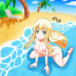 Rule 34 | 1girl, absurdres, artist name, ass, barefoot, beach, blonde hair, blue sky, blunt bangs, blush, braid, breasts, bush, chair, closed mouth, cloud, collarbone, creatures (company), day, female focus, full body, game freak, green eyes, happy, highres, kneeling, leaning forward, lillie (pokemon), long hair, looking at viewer, medium breasts, nintendo, nipples, nude, ocean, outdoors, palm tree, pokemon, pokemon sm, sand, shougun (chuckni1), signature, sky, smile, solo, spread legs, tree, twin braids, water