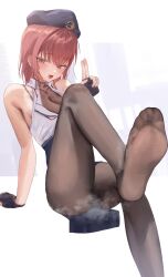 Rule 34 | 1girl, beret, blush, feet, fingerless gloves, gloves, hat, heterochromia, highres, hololive, houshou marine, houshou marine (businesswoman), long hair, looking at viewer, open mouth, pantyhose, red eyes, red hair, rryiup, soles, steam, toes, virtual youtuber, yellow eyes