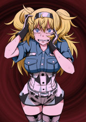 Rule 34 | 1girl, @ @, belt, birii, blonde hair, blue eyes, blue shirt, breast pocket, breasts, clenched teeth, collared shirt, cowboy shot, gambier bay (kancolle), gloves, hairband, hand in own hair, kantai collection, large breasts, looking at viewer, pocket, shirt, shorts, solo, teeth, thighhighs, twintails, white thighhighs