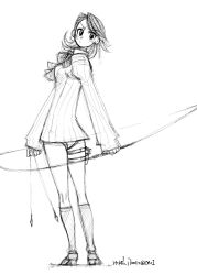 Rule 34 | 1girl, archery, arrow (projectile), atlus, bow (weapon), graphite (medium), greyscale, holster, mike156, monochrome, persona, persona 3, sketch, solo, takeba yukari, thigh holster, thigh strap, traditional media, weapon