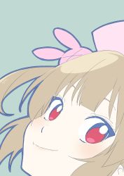 Rule 34 | 1girl, absurdres, bad id, bad twitter id, black outline, blush, rabbit hair ornament, commentary request, donguri suzume, fangs, fangs out, green background, hair ornament, hat, highres, light brown hair, looking at viewer, natori sana, nurse cap, outline, portrait, red eyes, sana channel, simple background, smile, solo, virtual youtuber