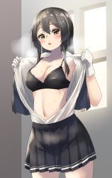 Rule 34 | 1girl, black bra, black hair, black skirt, black vest, bra, breasts, cleavage, collarbone, commentary request, cowboy shot, dress shirt, gloves, grey eyes, hair ornament, hairclip, highres, kantai collection, looking at viewer, medium breasts, open clothes, open shirt, oyashio (kancolle), pleated skirt, school uniform, shirt, skirt, solo, steaming body, underwear, vest, wasumi kei, white gloves, white shirt, window