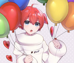 Rule 34 | 1girl, ahoge, android, arms up, balloon, blue eyes, blush, bright pupils, grey background, hair between eyes, hair intakes, hands up, head tilt, heart, highres, holding, holding balloon, hood, hood down, hoodie, long sleeves, open mouth, persona, persona 5, persona 5 scramble: the phantom strikers, polka dot, polka dot background, raimone26, red hair, simple background, sophia (p5s), teeth, v arms, white hoodie, white pupils, wide sleeves