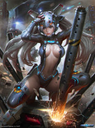 Rule 34 | 1girl, blue eyes, breasts, center opening, chaos drive, destruction, elbow pads, gloves, helmet, kilart, large breasts, lips, long hair, mecha, neon trim, power suit, robot, sideboob, silver hair, solo, solo focus, sparks, squatting, thighhighs, twintails