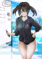 Rule 34 | 1girl, :/, absurdres, arena (company), backlighting, black hair, black jacket, black one-piece swimsuit, blue eyes, breasts, chain-link fence, competition swimsuit, day, drawstring, fence, gluteal fold, groin, hand on own hip, harutask, highres, holding, holding marker, hood, hooded jacket, jacket, looking at viewer, marker, medium breasts, no pants, one-piece swimsuit, original, outdoors, pool, poolside, sidelocks, sleeves pushed up, solo, standing, swimsuit, swimsuit under clothes, thigh gap, track jacket, translation request, twintails, utility pole, whiteboard, writing, zipper