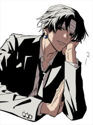 Rule 34 | 1boy, bandaged head, bandages, black eyes, black hair, black suit, chrollo lucilfer, collarbone, earrings, formal, highres, hunter x hunter, jewelry, long sleeves, looking at viewer, male focus, necktie, shirt, short hair, simple background, smile, sokorahenyo, solo, suit, upper body, white background, white shirt
