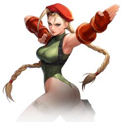 Rule 34 | 1girl, ahoge, antenna hair, ass, beret, blonde hair, braid, cammy white, capcom, fighting stance, gauntlets, hat, highleg, highleg leotard, huge ass, leotard, official art, scar, scar on face, serious, shiny skin, simple background, snk, solo, strap, strapless, strapless leotard, street fighter, the king of fighters all-stars, thigh strap, thong leotard, transparent background, twin braids, wide hips
