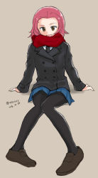 Rule 34 | 1girl, arm support, beige background, black coat, black footwear, black neckwear, black pantyhose, blue skirt, brown eyes, buttons, coat, commentary, dated, double-breasted, girls und panzer, loafers, long hair, looking at viewer, medium hair, miniskirt, mutsu (layergreen), necktie, one-hour drawing challenge, open mouth, pantyhose, pleated skirt, red hair, red scarf, rosehip (girls und panzer), scarf, school uniform, shadow, shirt, shoes, simple background, sitting, skirt, smile, st. gloriana&#039;s school uniform, twitter username, white shirt, winter uniform