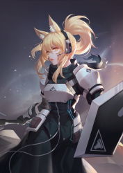 Rule 34 | 1girl, absurdres, animal ear fluff, animal ears, arknights, armor, black dress, black scarf, blonde hair, breastplate, commentary request, dress, gauntlets, hair between eyes, headset, highres, holding, holding shield, holding weapon, horse ears, horse girl, light particles, long hair, looking at viewer, nearl (arknights), orange eyes, parted lips, pauldrons, ponytail, pouch, q18607, scarf, shield, shoulder armor, sidelocks, solo, weapon