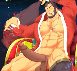 Rule 34 | 1boy, abs, bara, bare pectorals, beard, blush, censored, christmas, cigar, ded (housamo), facial hair, foreskin, from below, gift bag, hat, highres, huge penis, jewelry, large pectorals, legs apart, looking at viewer, male focus, mature male, mosaic censoring, muscular, muscular male, navel, necklace, nipples, old, old man, pants around one leg, pants boxer, pectorals, penis, red hat, santa costume, santa hat, short hair, sky, solo, star (sky), starry sky, stomach, strongman waist, thick eyebrows, thick thighs, thighs, tokyo houkago summoners