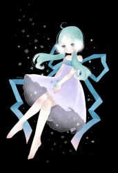 Rule 34 | 1girl, bare shoulders, barefoot, blue eyes, blue hair, blue ribbon, closed mouth, dress, full body, long hair, looking ahead, no nose, pop&#039;n music, ribbon, shiagi (crazywind), shion (pop&#039;n music), smile, solo, sparkle, white dress