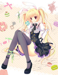 Rule 34 | 1girl, :d, animal ears, black thighhighs, blonde hair, candy, doughnut, dress, food, fruit, highres, knees together feet apart, legs, lollipop, macaron, open mouth, purple eyes, rabbit ears, rabbit tail, shirogane hina, sitting, smile, strawberry, striped, striped background, swirl lollipop, tail, thighhighs, thighs, twintails