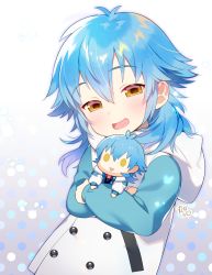 Rule 34 | 1boy, :&gt;, blue hair, blush, buttons, character doll, coat, doll, dramatical murder, highres, holding, holding doll, hood, long hair, looking at viewer, male focus, marui shiro, seragaki aoba, smile, solo, triangle mouth, yellow eyes