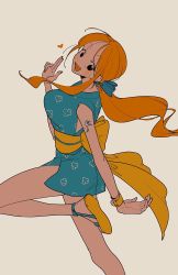 Rule 34 | 1girl, bare legs, bare shoulders, blue kimono, bow, bracelet, breasts, hair bow, heart, highres, japanese clothes, jewelry, kimono, large breasts, long hair, looking at viewer, nami (one piece), numata (oioioioiai), one piece, open mouth, orange hair, ponytail, sandals, short kimono, shoulder tattoo, simple background, sleeveless, sleeveless kimono, solo, tattoo