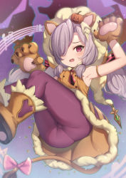 Rule 34 | 1girl, animal ears, animal hands, armpits, arms up, ass, blush, boots, bow, brown footwear, brown gloves, claws, commentary request, dress, fang, gloves, granblue fantasy, hair ornament, hair over one eye, hair ribbon, halloween, harvin, highres, jack-o&#039;-lantern, jack-o&#039;-lantern hair ornament, lion ears, lion tail, long hair, looking at viewer, low twintails, niyon (granblue fantasy), niyon (lejonskrik) (granblue fantasy), open mouth, panties, panties under pantyhose, pantyhose, pantylines, paw gloves, pink bow, pointy ears, purple eyes, purple hair, purple pantyhose, purple ribbon, revision, ribbon, sleeveless, sleeveless dress, solo, striped ribbon, tail, tail bow, tail ornament, thighs, twintails, underwear, uneg
