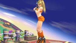 Rule 34 | 1girl, ass, bare arms, bare shoulders, blonde hair, blue eyes, breasts, curvy, full body, gun, high heels, highres, hip focus, holding, holding gun, holding weapon, huge ass, long hair, metroid, nintendo, ponytail, samus aran, shorts, solo, standing, stomach, super smash bros., thick thighs, thighs, weapon, wide hips