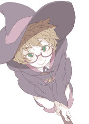 Rule 34 | 1girl, blush, boots, broom, broom riding, brown hair, closed mouth, commentary, freckles, glasses, green eyes, hat, highres, little witch academia, long sleeves, looking at viewer, looking up, lotte jansson, pale color, riding, robe, semi-rimless eyewear, short hair, simple background, smile, solo, tasaka shinnosuke, under-rim eyewear, white background, witch, witch hat