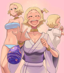 Rule 34 | 00s, 1girl, :d, ^ ^, bikini, blonde hair, bowieknife, bracelet, breasts, cleavage, closed eyes, collar, dark-skinned female, dark skin, expressions, closed eyes, happy, hyakko, japanese clothes, jewelry, kimono, ooba minato, open mouth, parted lips, pink background, short hair, smile, swimsuit, tears, yukata