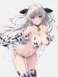 Rule 34 | 1girl, :q, animal ears, animal print, bare shoulders, bell, bikini, black nails, blue eyes, blush, breasts, brown hair, cleavage, closed mouth, collar, collarbone, cow ears, cow girl, cow horns, cow print, cow tail, cowbell, fingernails, hair between eyes, halterneck, highres, horns, large breasts, long hair, long sleeves, looking at viewer, midriff, nail polish, navel, neck bell, original, sidelocks, simple background, smile, solo, stomach, swimsuit, tail, tanihara natsuki, tongue, tongue out, twitter username, very long hair, white background, white bikini