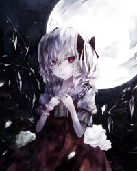 Rule 34 | 1girl, ascot, bad id, bad pixiv id, bow, darkness, dress, flandre scarlet, flower, full moon, hair bow, kaguyakyou, looking at viewer, moon, moonlight, night, puffy short sleeves, puffy sleeves, red dress, red eyes, rose, shirt, short sleeves, side ponytail, silver hair, solo, touhou, white flower, white rose, wings, wrist cuffs