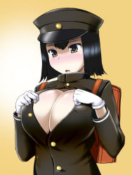 Rule 34 | 10s, 1girl, akitsu maru (kancolle), backpack, bag, black hair, breasts, cleavage, dha, gloves, hat, kantai collection, large breasts, military, military uniform, naval uniform, open clothes, open mouth, open shirt, personification, shirt, short hair, solo, uniform, white gloves