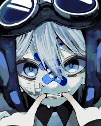 Rule 34 | 1girl, bandaid, bandaid on face, bandaid on forehead, bandaid on nose, blue eyes, clenched teeth, finger in own mouth, gauze, gauze on cheek, goggles, goggles on head, hair between eyes, highres, looking at viewer, original, parted lips, portrait, solo, sweat, teeth, urokogaran, white hair