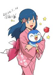Rule 34 | 1girl, :d, ^ ^, alternate costume, blue eyes, blue hair, candy apple, closed eyes, commentary request, creatures (company), dated, dawn (pokemon), eyelashes, floral print, flower, food, game freak, gen 4 pokemon, hair flower, hair ornament, happy, highres, holding, holding pokemon, holding stick, japanese clothes, kimono, long hair, looking at viewer, nintendo, open mouth, pink flower, pink kimono, piplup, pokemon, pokemon (anime), pokemon (creature), pokemon dppt (anime), signature, smile, star (symbol), stick, tamura (kouititamura), tongue
