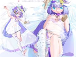 Rule 34 | 1girl, arm up, bandaged leg, bandages, barefoot, blue eyes, breasts, dress, flower, hair flower, hair ornament, hat, highres, kaede (shijie heping), mini hat, multiple views, nail polish, open mouth, original, own hands together, purple hair, see-through, see-through dress, short hair, sleeveless, sleeveless dress, small breasts, smile, strap, toenail polish, toenails, veil