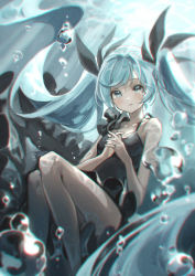 Rule 34 | 1girl, absurdly long hair, bare arms, bare legs, black bow, black dress, blue hair, bow, breasts, bubble, collarbone, dress, floating hair, grey eyes, hair bow, hatsune miku, highres, long hair, looking at viewer, marutani, own hands clasped, own hands together, parted lips, shinkai shoujo (vocaloid), short dress, sleeveless, sleeveless dress, small breasts, solo, strap gap, twintails, underwater, very long hair, vocaloid