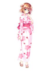 Rule 34 | 1girl, blush, breasts, feet, female focus, game cg, golden marriage, green eyes, hayakawa harui, highres, japanese clothes, kimono, large breasts, legs, looking at viewer, orange hair, sandals, short hair, simple background, smile, solo, standing, tange kasumi, thighs, toes